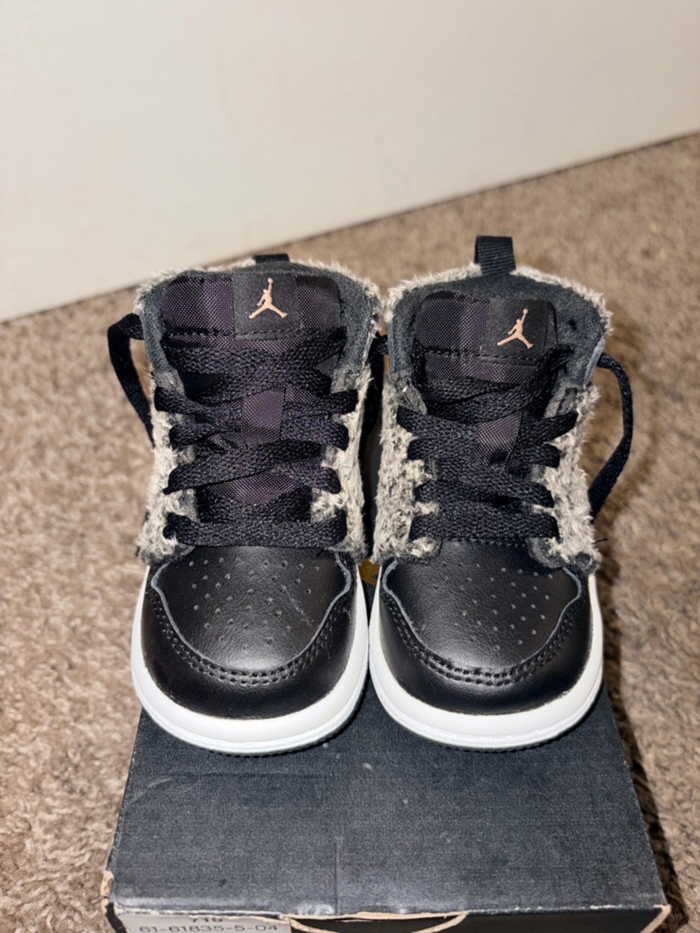 Jordan Kids Black Sneakers with Gray Faux Fur Trim